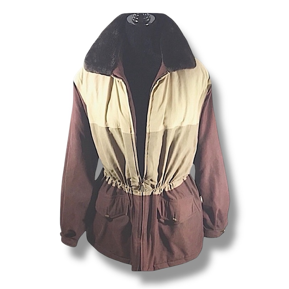IZZI Label Brown and Beige Jacket with Faux Fur Collar Vintage SZ L